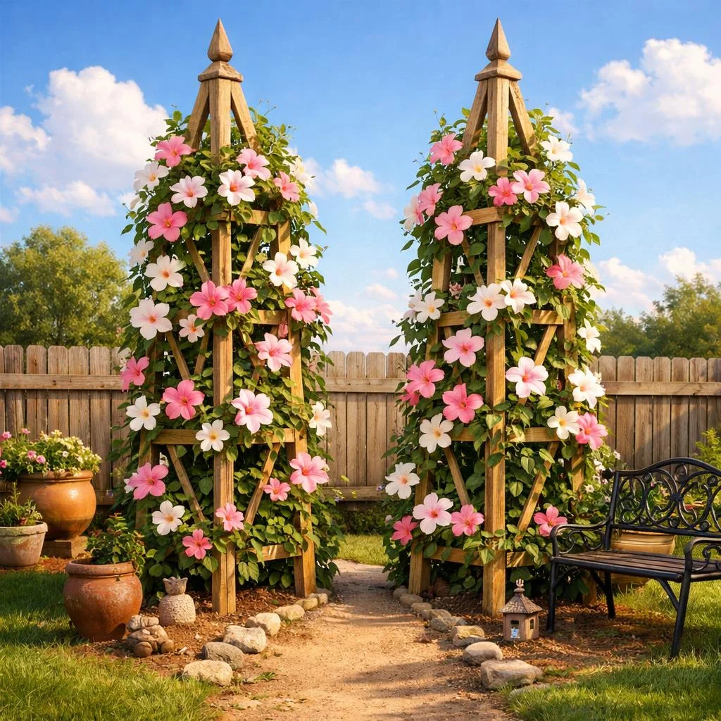 Twin obelisk mandevilla trellis ideas placed symmetrically at a garden entrance with blooming vines.