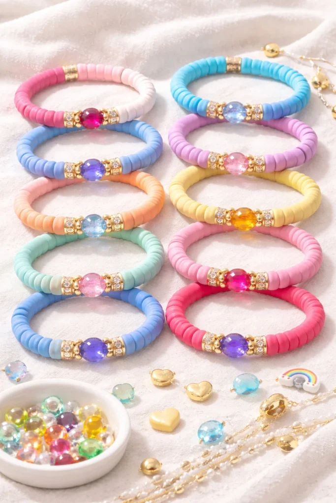 Two tone clay bead bracelet with split color modern design, trendy handmade jewelry to make and sell