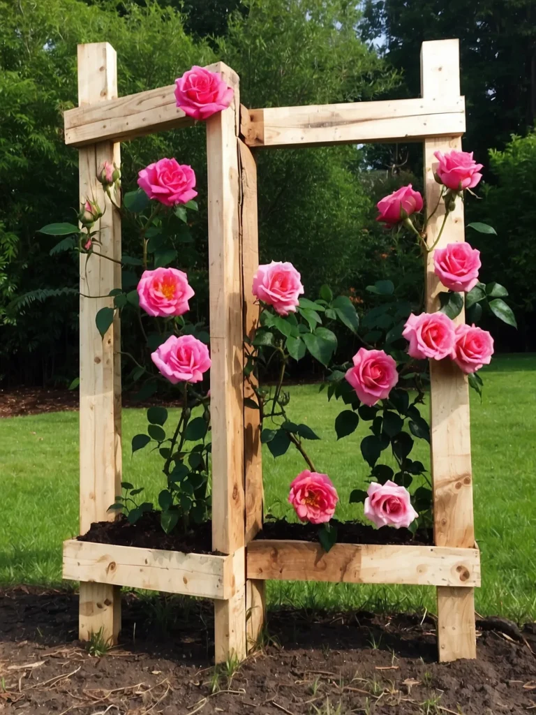DIY pallet rose trellis supporting climbing roses, combining eco-friendly design and rustic charm.