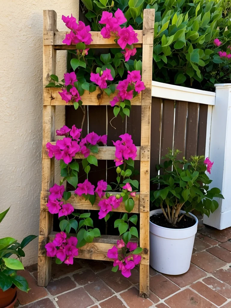 DIY pallet bougainvillea trellis supporting climbing plants while adding rustic charm to the garden.