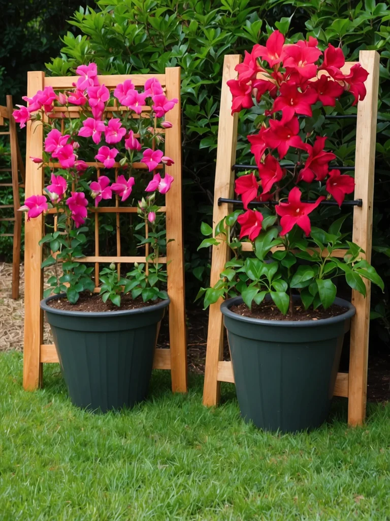 Vertical planter and trellis combo with mandevilla vines creating a space-saving living wall garden.