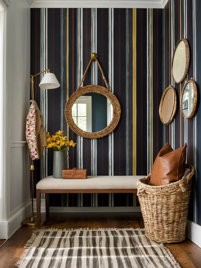 Striped wallpaper ideas for small entryways creating vertical height illusion in compact hallway.