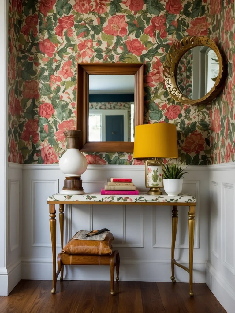 Vintage damask entryway wallpaper ideas adding classic elegance to traditional hallway decor.