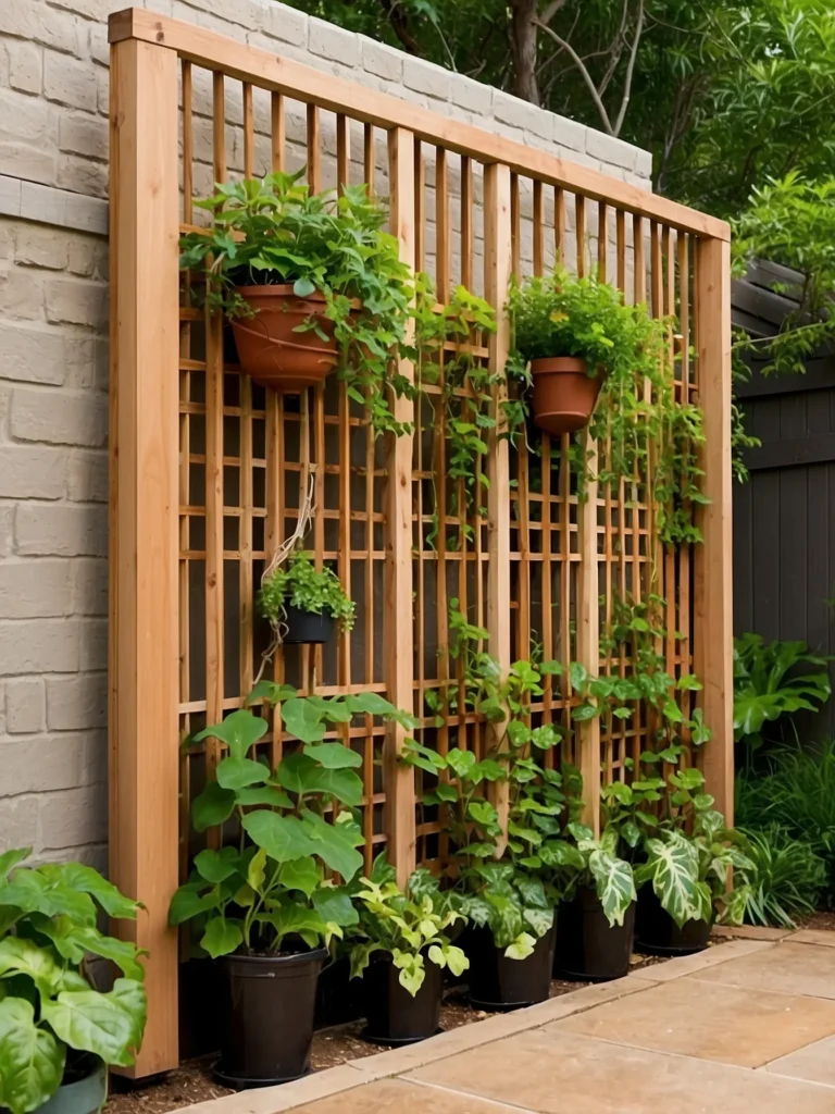 wall mounted wooden lattice trellis for small backyard vertical garden