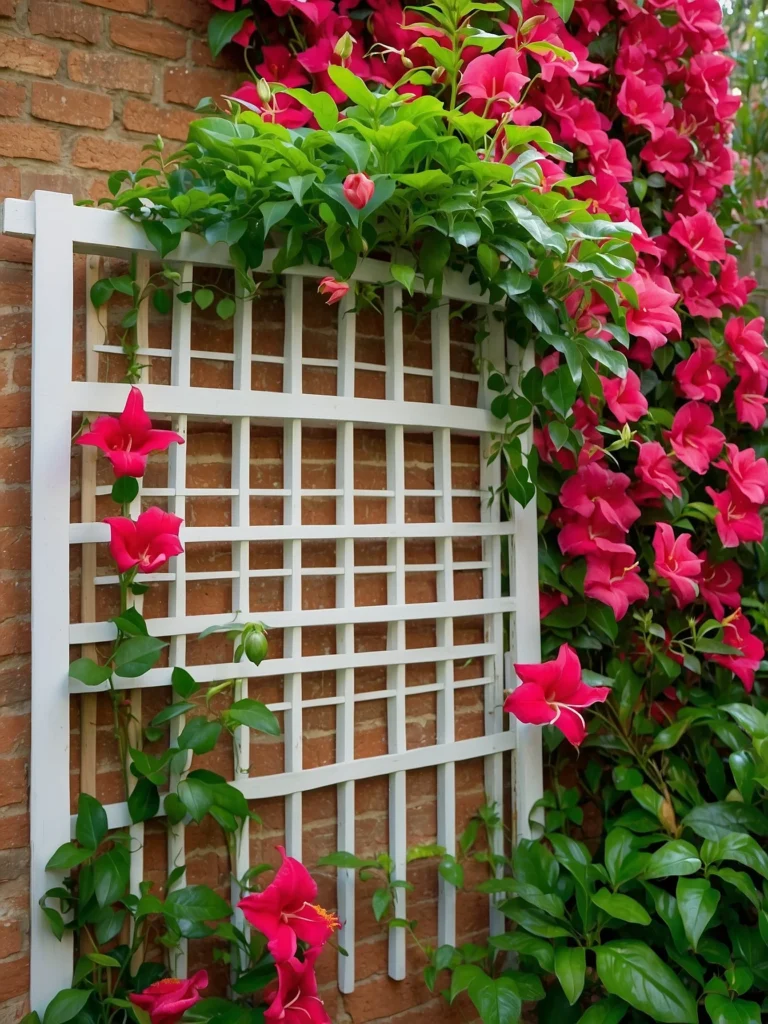Decorative wall-mounted trellis supporting mandevilla climbing flowers on a sunny terrace wall.