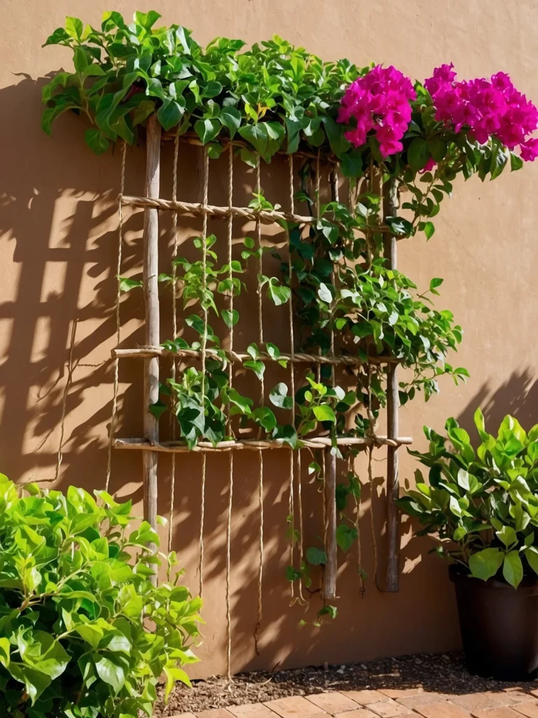 Wall-mounted wire rope trellis for bougainvillea vines growing vertically on walls with modern elegance.