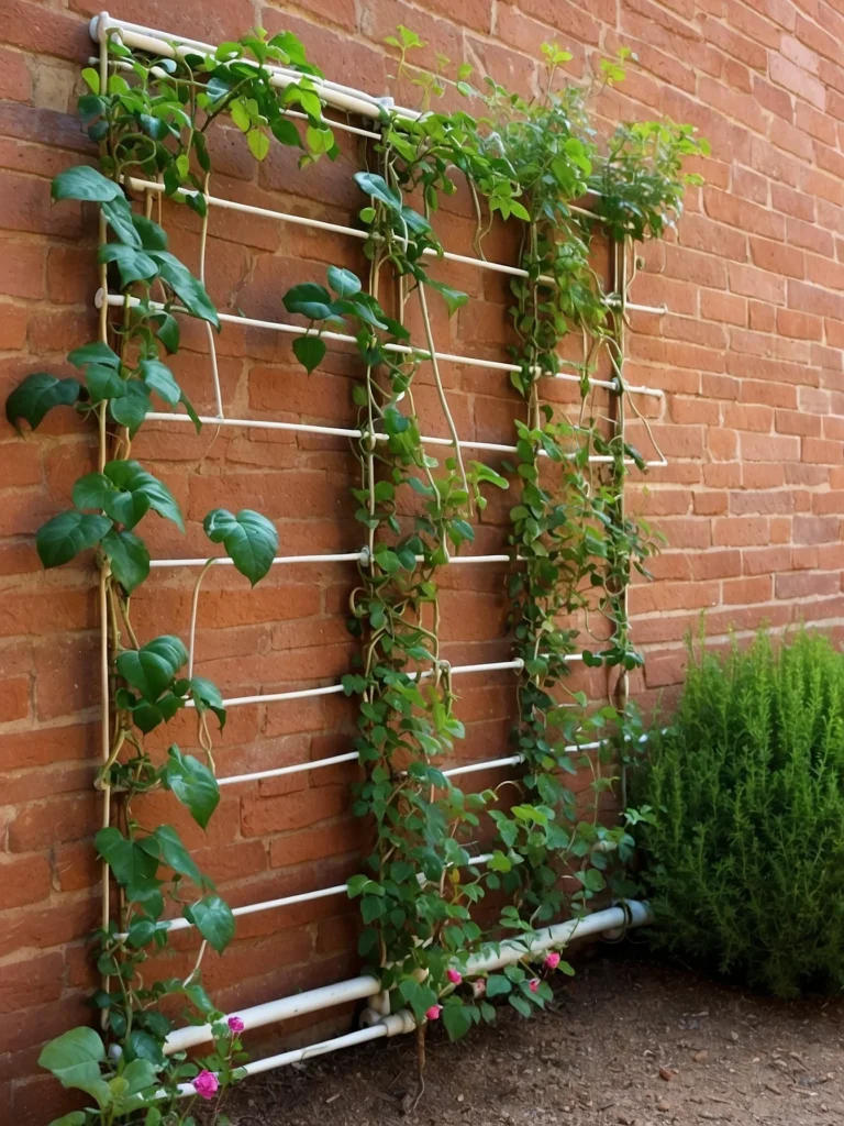 Wall-mounted wire rope trellis for climbing roses creating clean, vertical growth on plain garden walls.