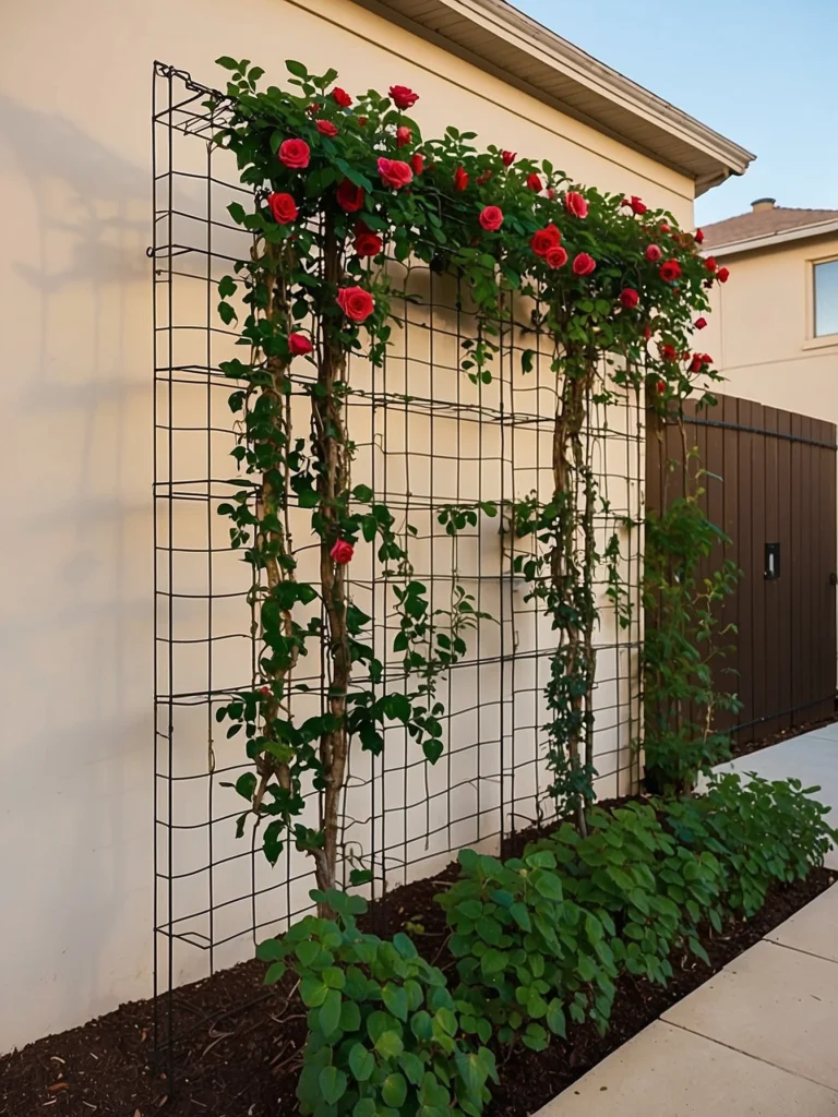 Minimalist wire grid rose trellis ideas for climbing roses in modern vertical garden setups.
