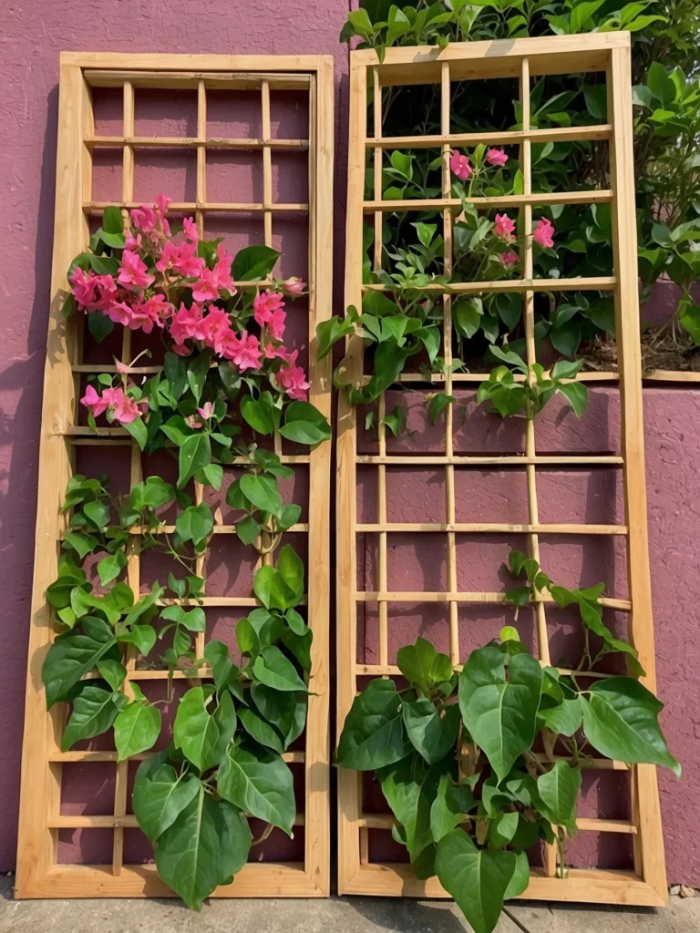 Wooden lattice trellis for bougainvillea vines growing along garden walls, perfect for vertical garden support.