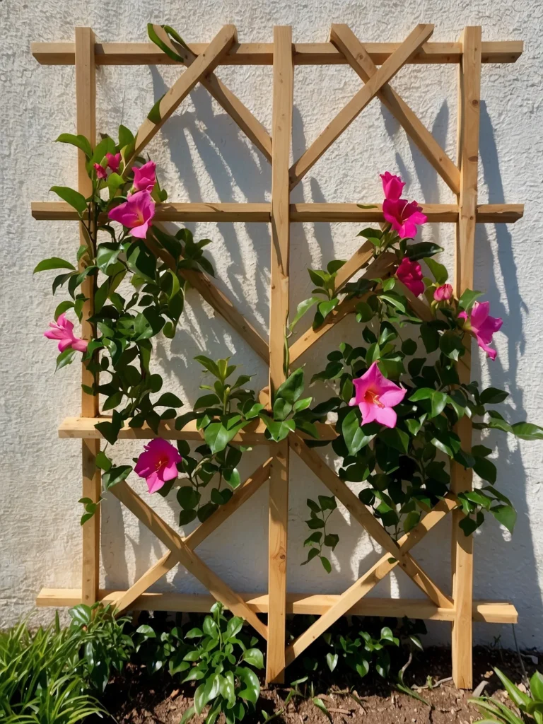 Wooden wall trellis with blooming mandevilla vines transforming a plain fence into a vertical garden feature.