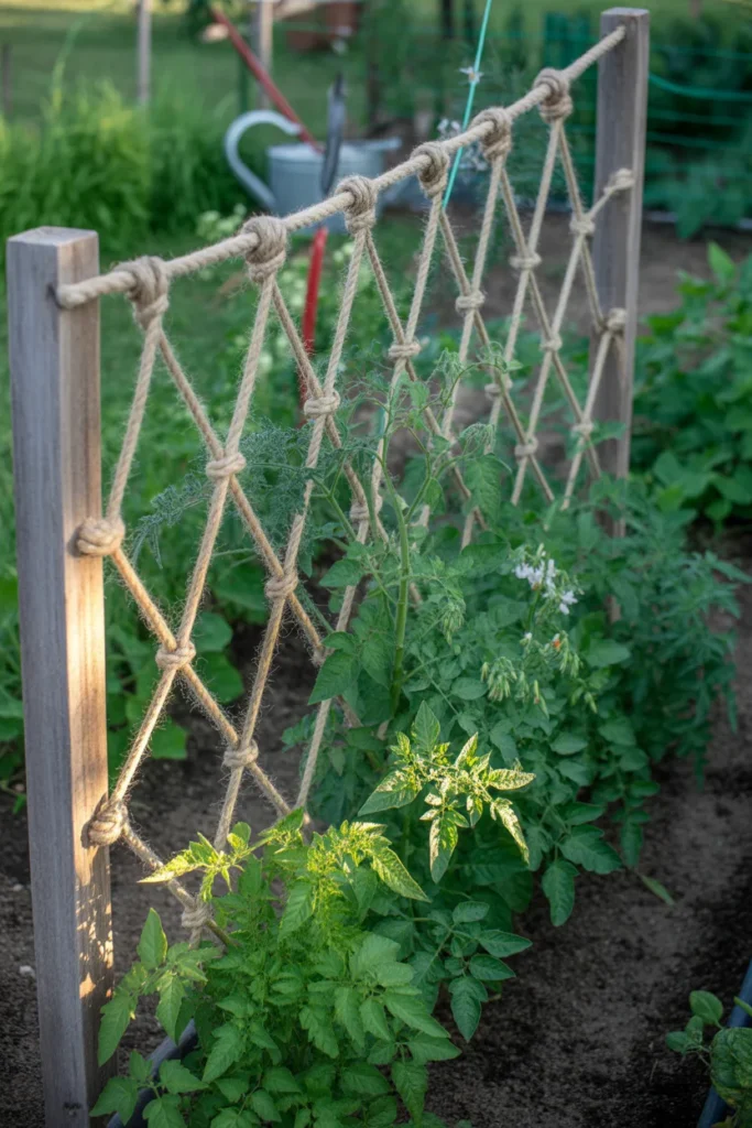 DIY rope trellis system with climbing vegetable vines twisting around hanging ropes