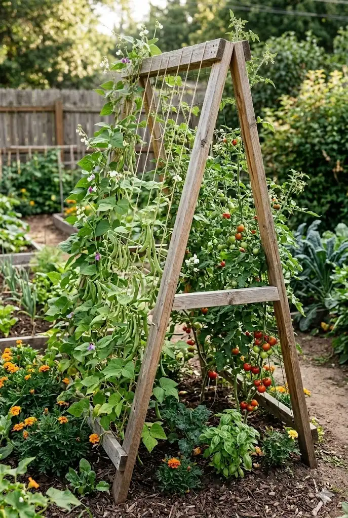 wooden A frame vegetable trellis growing cucumbers and peas in raised garden bed