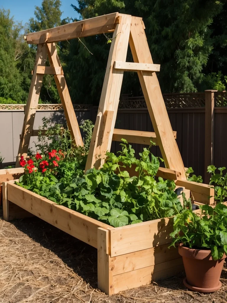 Wooden A-frame trellis over a raised garden bed with cucumber vines climbing on both sides
