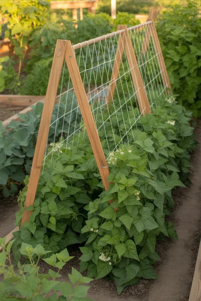A-frame string tunnel trellis used for growing pole green beans vertically in garden rows