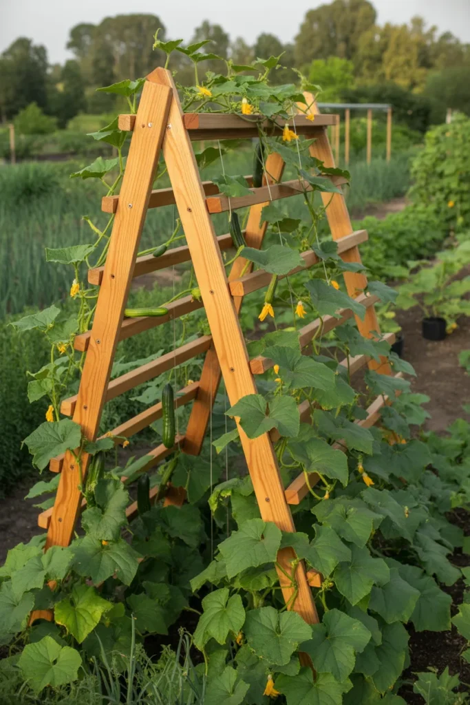 A-frame trellis with cucumbers growing vertically for small backyard