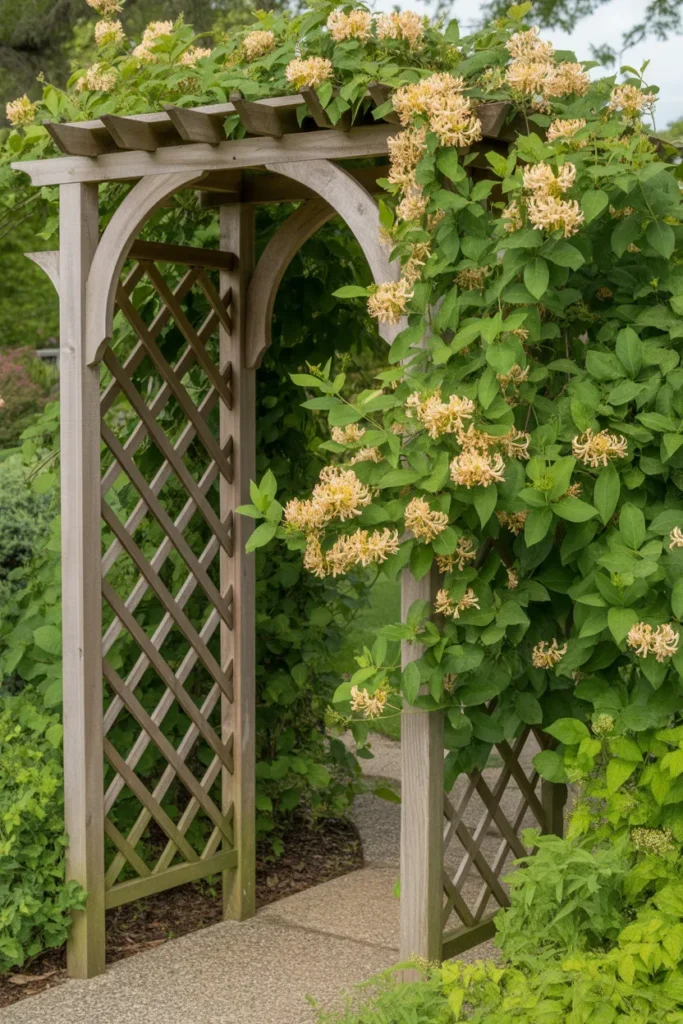 Garden arbor covered in blooms representing elegant honeysuckle trellis ideas for entryways.