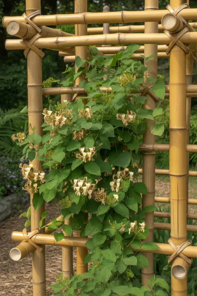 Eco-friendly bamboo frame example of natural honeysuckle trellis ideas for sustainable gardens.
