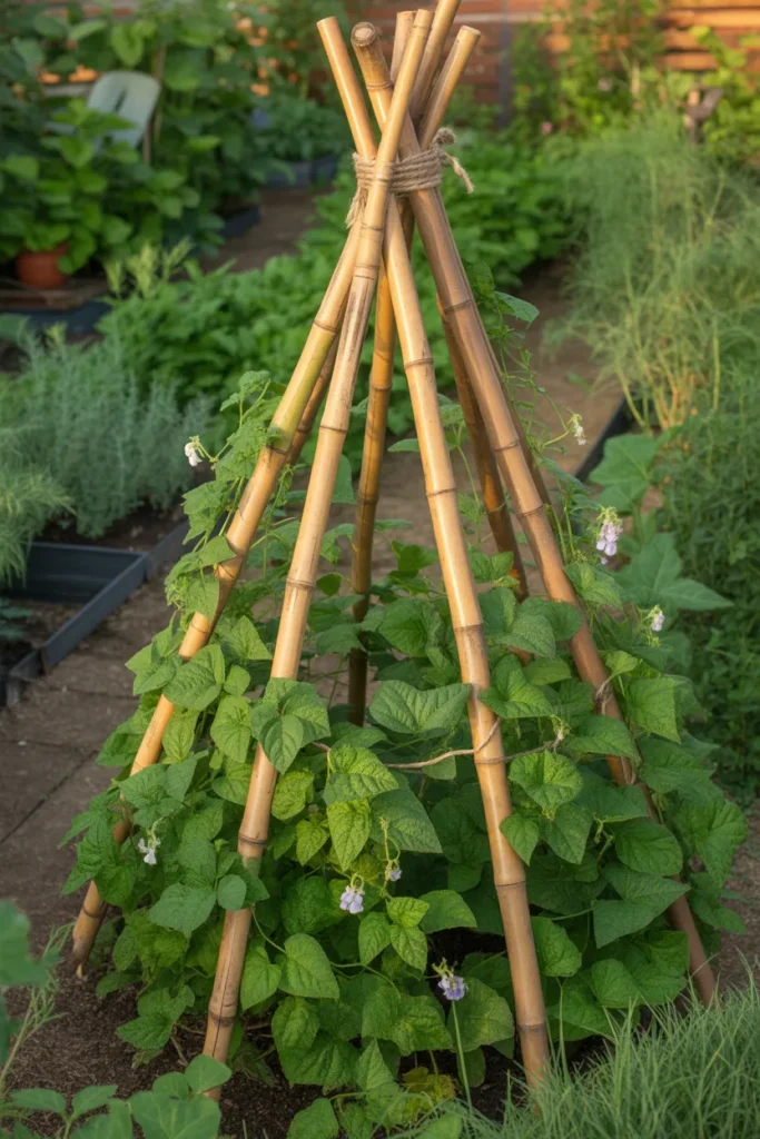 bamboo teepee bean trellis with climbing green beans growing in backyard garden