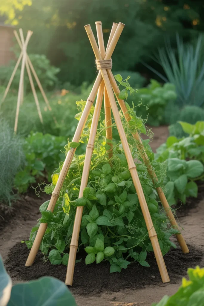 Bamboo teepee garden trellis supporting climbing beans and cucumbers in a backyard vegetable garden