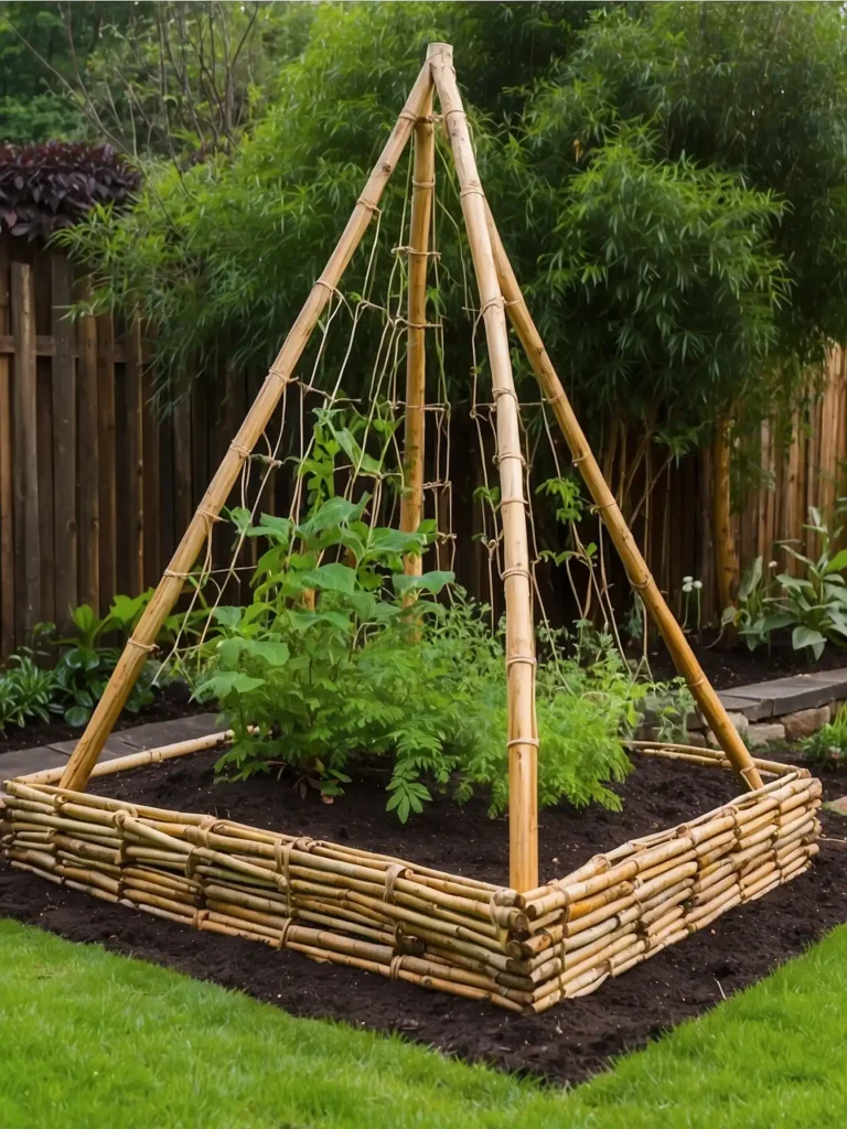 Bamboo teepee trellis installed in a raised garden bed supporting climbing beans and pea vines