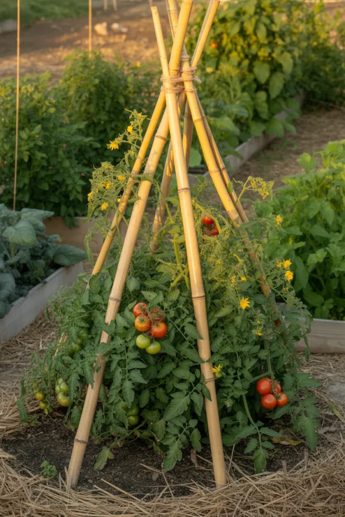 Bamboo teepee tomato trellis supporting climbing tomato vines