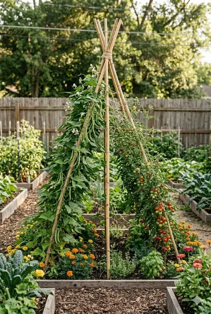 bamboo teepee vegetable trellis supporting pole beans in backyard vegetable garden