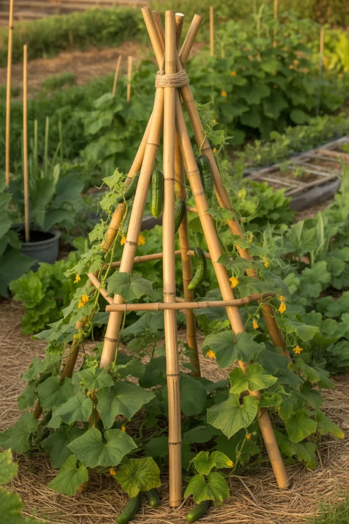 Bamboo teepee trellis supporting healthy cucumber vines in backyard