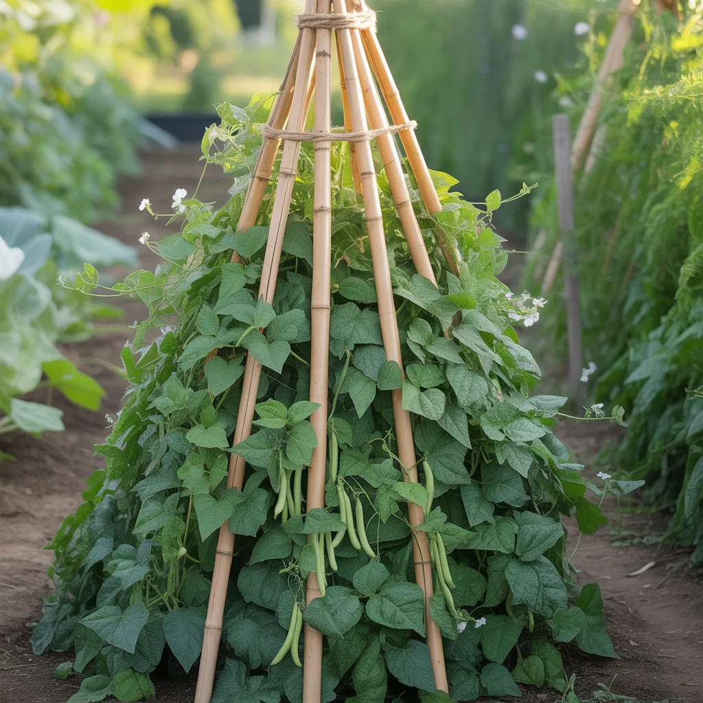 Bamboo teepee structure used as a green bean trellis for vertical gardening in a small backyard space