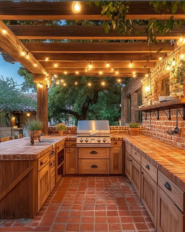 brick outdoor kitchen wall design with grill area rustic and warm outdoor kitchen setup