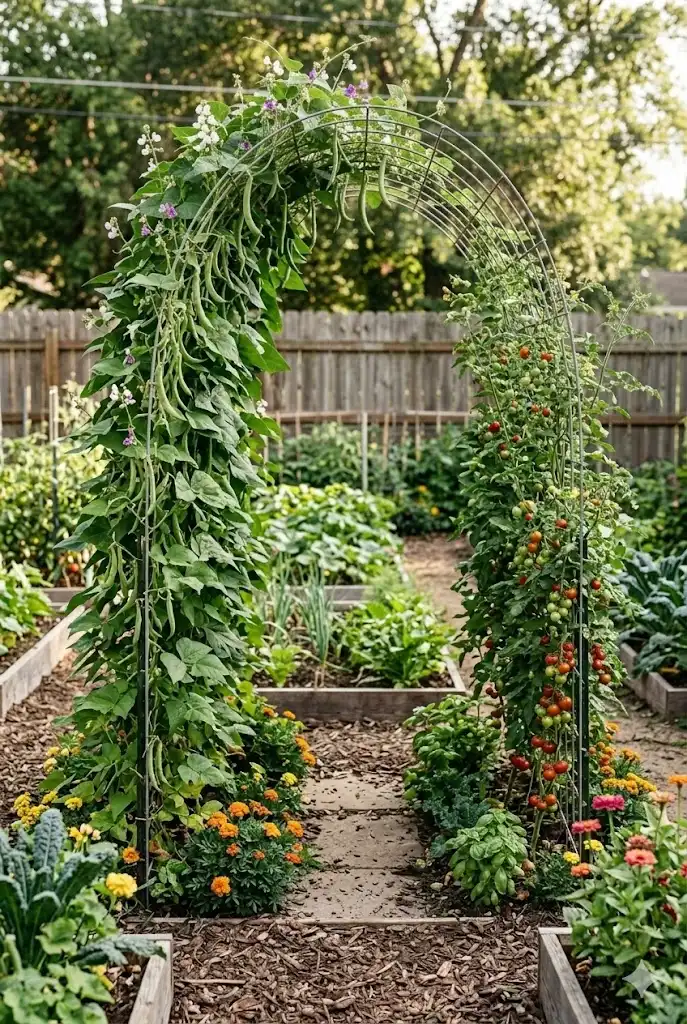 cattle panel arch vegetable trellis tunnel covered with climbing squash and vines