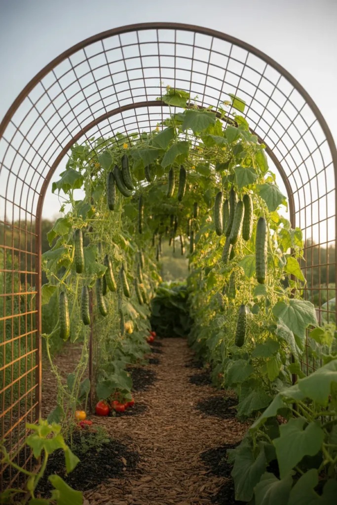 Cattle panel arch trellis forming a green cucumber tunnel in garden