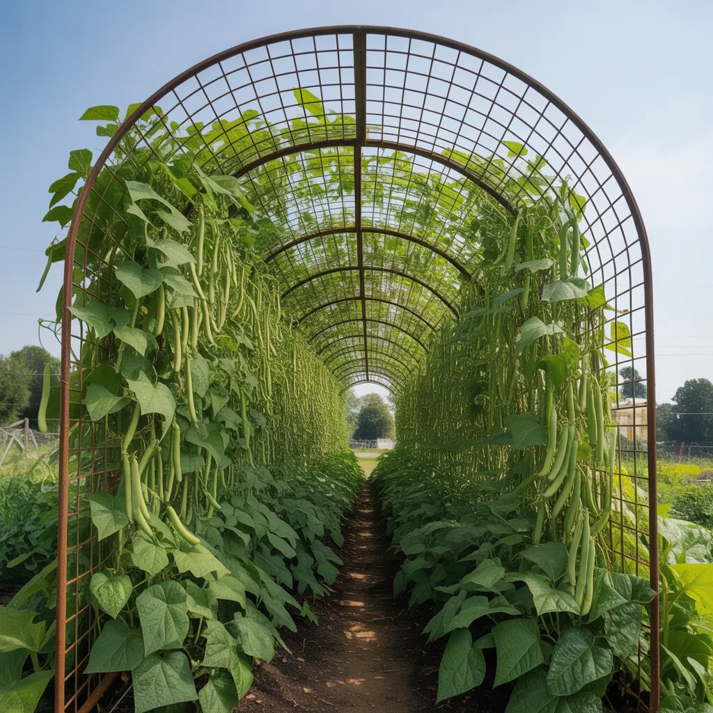 Metal cattle panel arch trellis covered with climbing green beans in a backyard vegetable garden