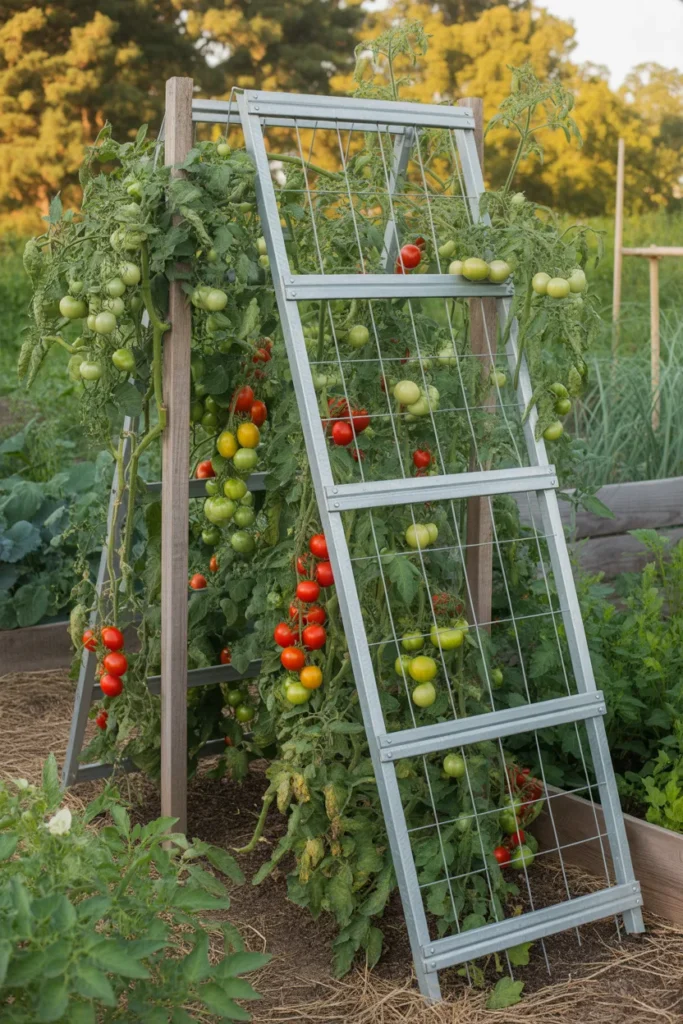 Metal cattle panel tomato trellis supporting large tomato plants