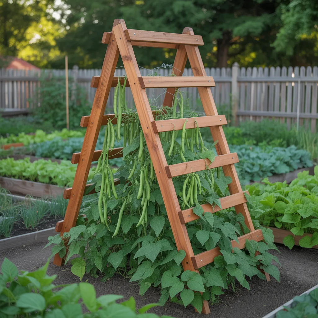 Green bean trellis ideas featuring a wooden A-frame trellis supporting climbing pole beans in a raised garden bed