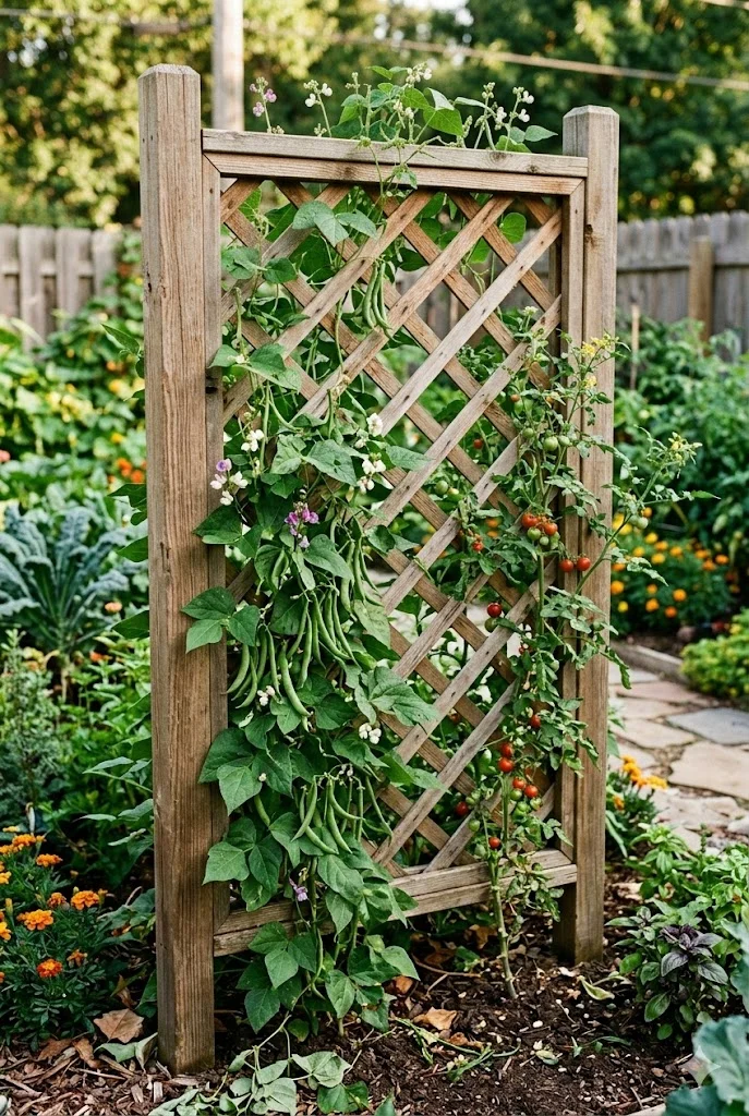 wooden lattice vegetable trellis supporting cucumbers and beans in backyard garden