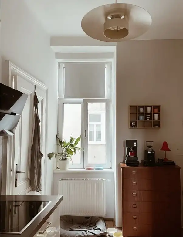 small coffee station setup on kitchen wall with shelves mugs and jars modern coffee corner