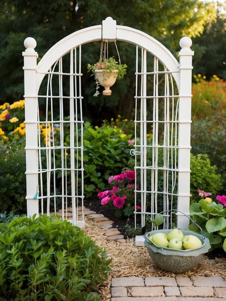 Wooden garden arch trellis with netting supporting cucumber and bean plants