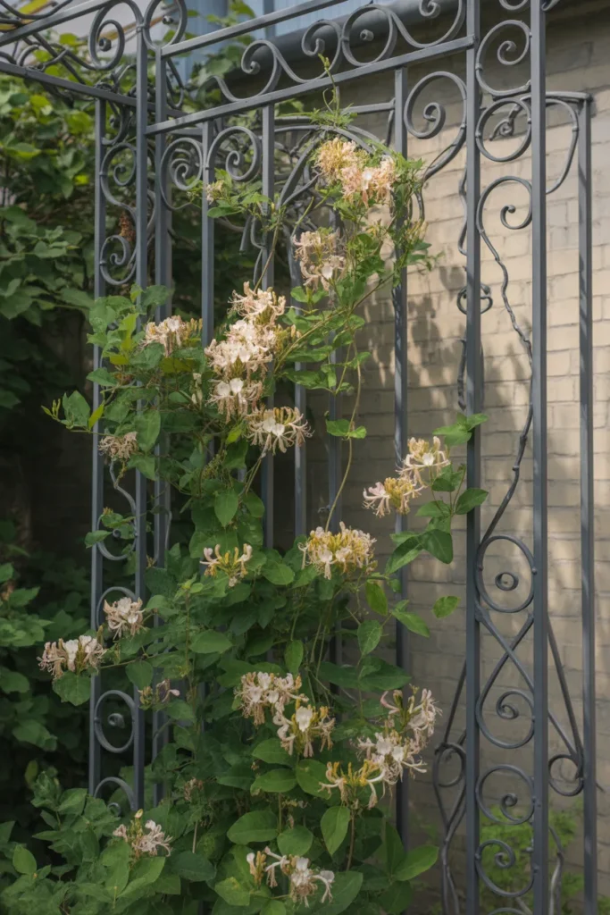 Ornamental wrought iron panel illustrating artistic honeysuckle trellis ideas.