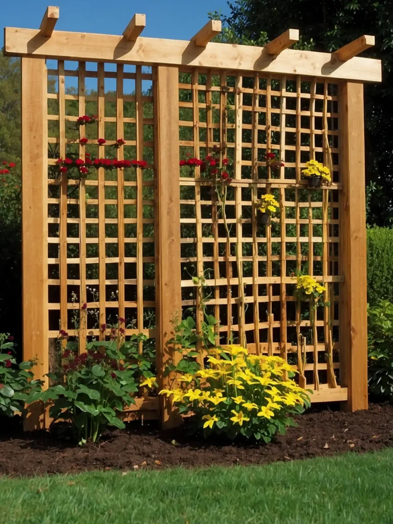 Decorative wooden lattice trellis attached to a raised bed garden for vertical vegetable growth