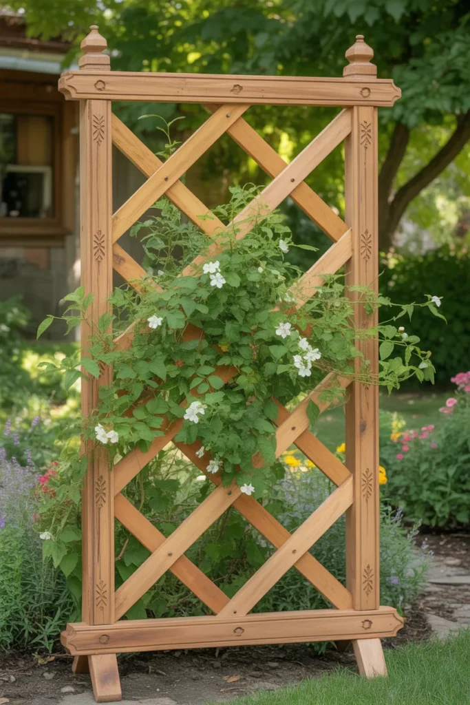 Decorative wooden lattice trellis with climbing vegetable plants growing in a backyard garden