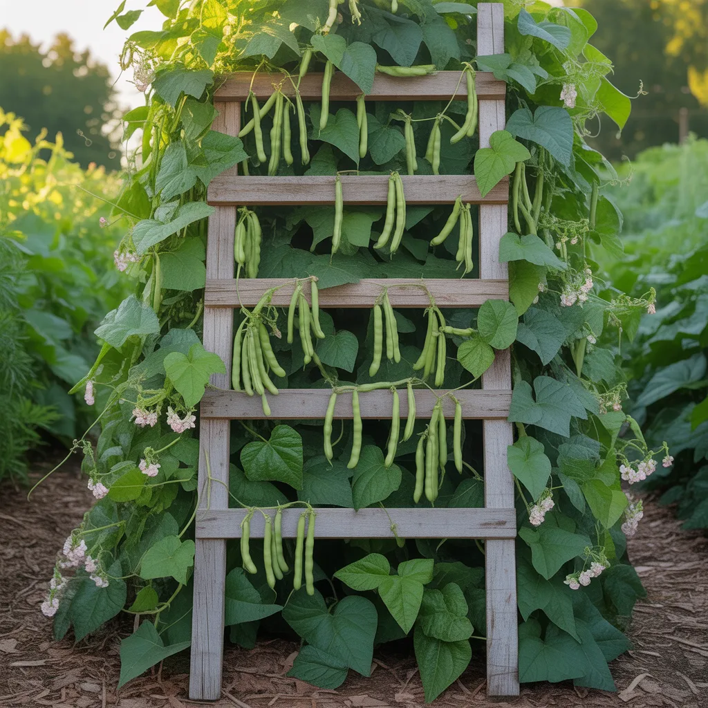 Repurposed wooden ladder used as a green bean trellis for vertical growing support.