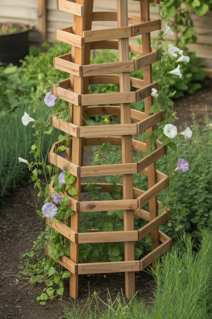 Decorative spiral wooden trellis used for supporting climbing vegetable plants in a garden