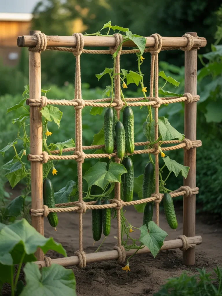 Rope trellis hanging from horizontal bar with cucumber vines weaving naturally