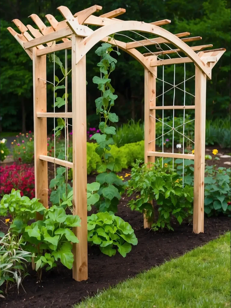 DIY wooden arch vegetable trellis walkway covered with climbing vegetables