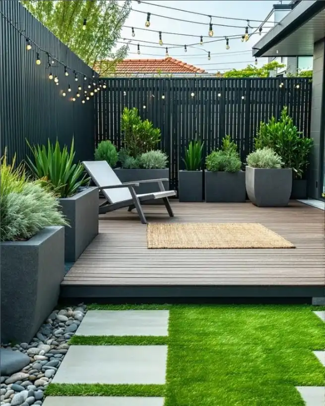 outdoor earthy rug in rustic backyard seating area