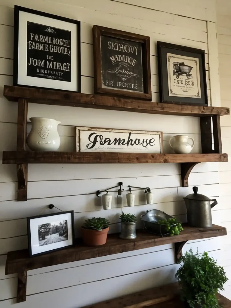 farmhouse gallery wall kitchen decor mix of frames signs and rustic elements
