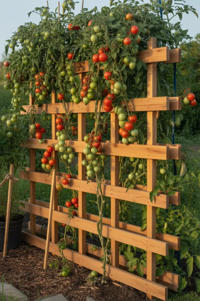 Tomato plants climbing garden fence trellis