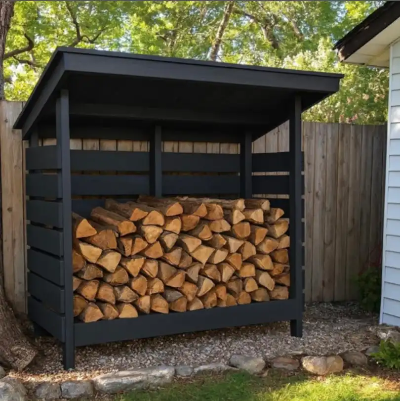 neatly stacked firewood near backyard fire pit