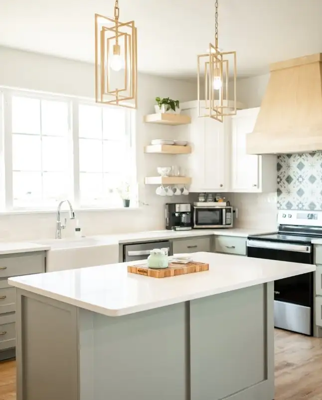 modern blank kitchen wall with floating wooden shelves styled with jars plants and neutral decor
