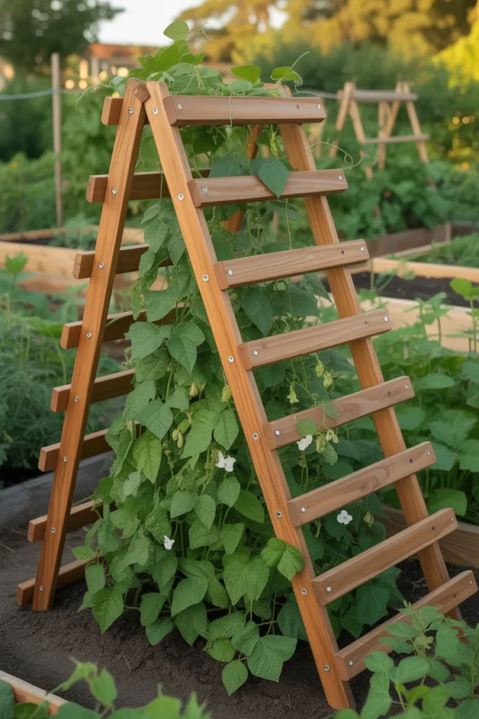 portable folding bean trellis placed in sunny vegetable garden bed